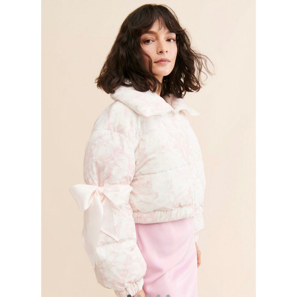 Free People Selkie Marshmallow Printed Puffer Womens 5X Jacket Pink Floral Bows - Picture 2 of 7